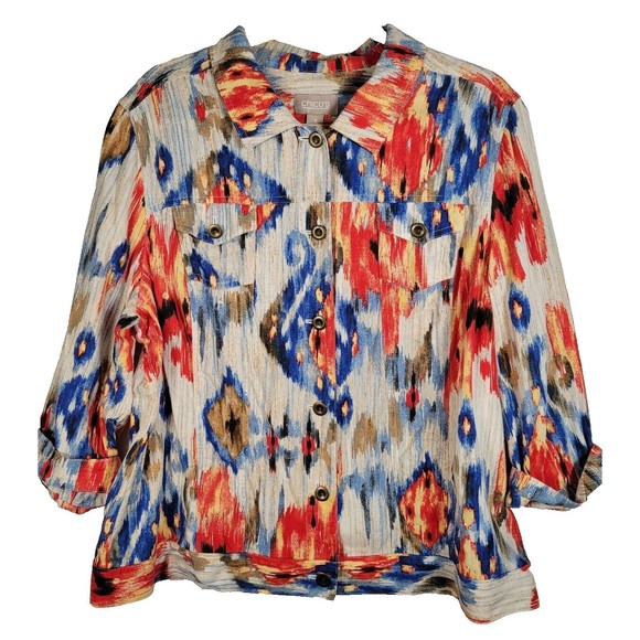 Chico's Sz 3 Linen Blend Jacket Aztec Southwest Button Front 3/4 slv Size 16-18 - Picture 1 of 6